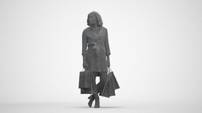 3D human model woman casual shopping, photogrammetry scanned person for archviz, three-quarter front view render