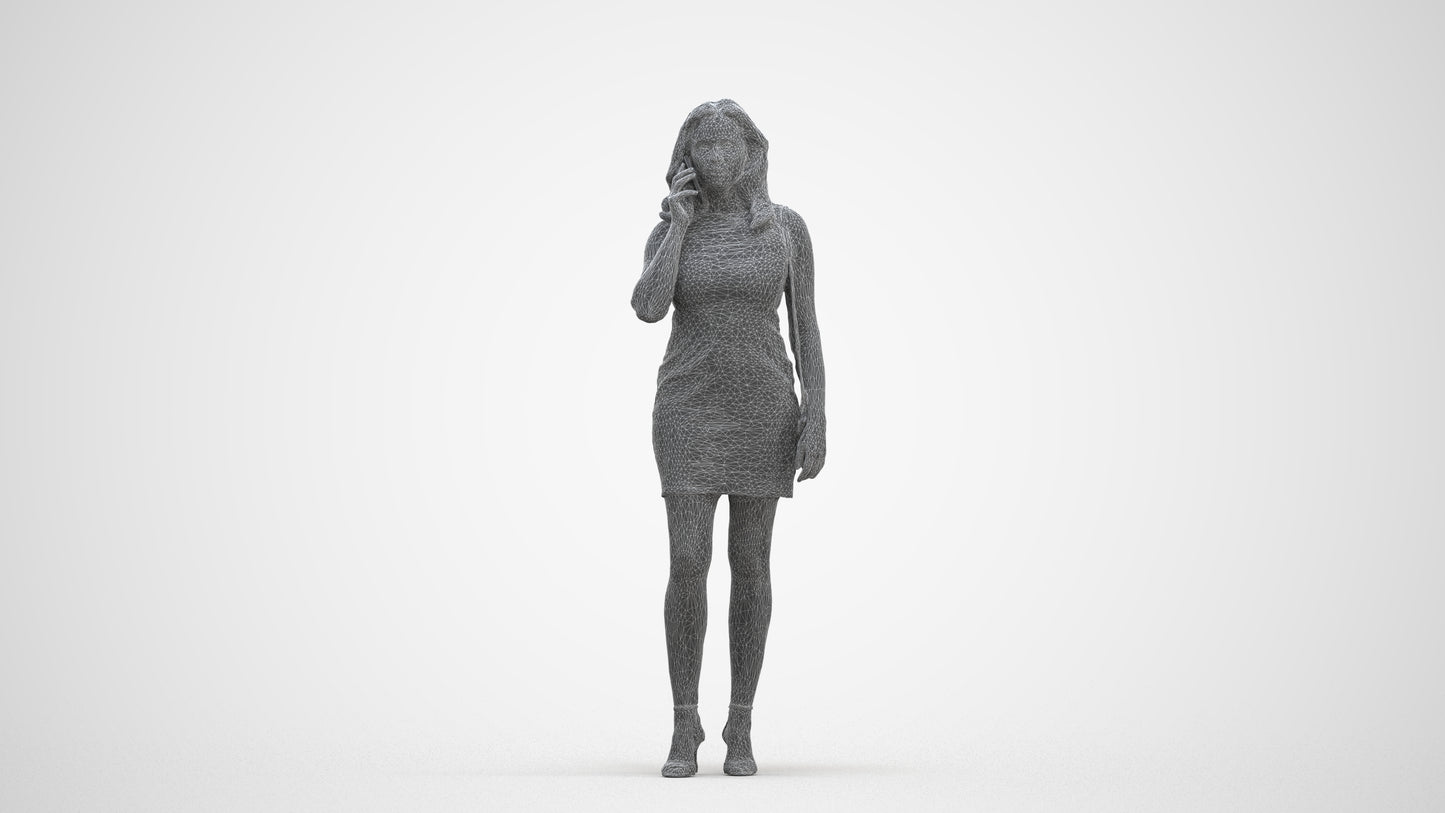 3D human model woman casual standing, photogrammetry scanned person for archviz, three-quarter front view render