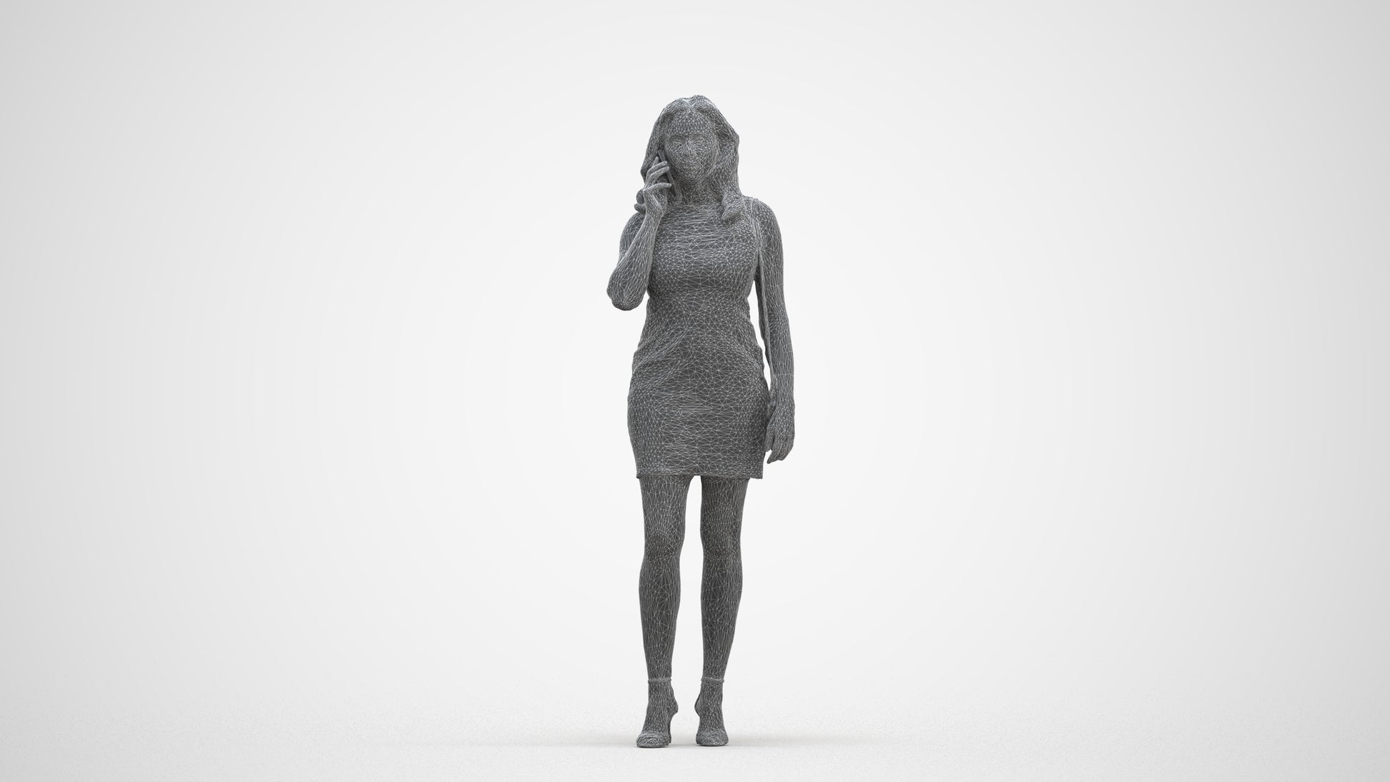 3D human model woman casual standing, photogrammetry scanned person for archviz, three-quarter front view render