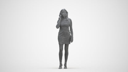 3D human model woman casual standing, photogrammetry scanned person for archviz, three-quarter front view render