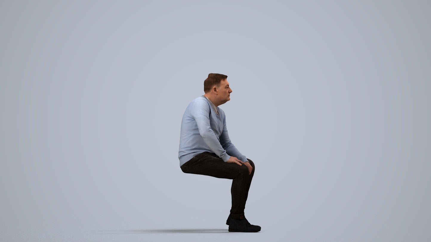 realistic 3D man casual sitting, scanned archviz people for Blender and 3ds Max, side view render