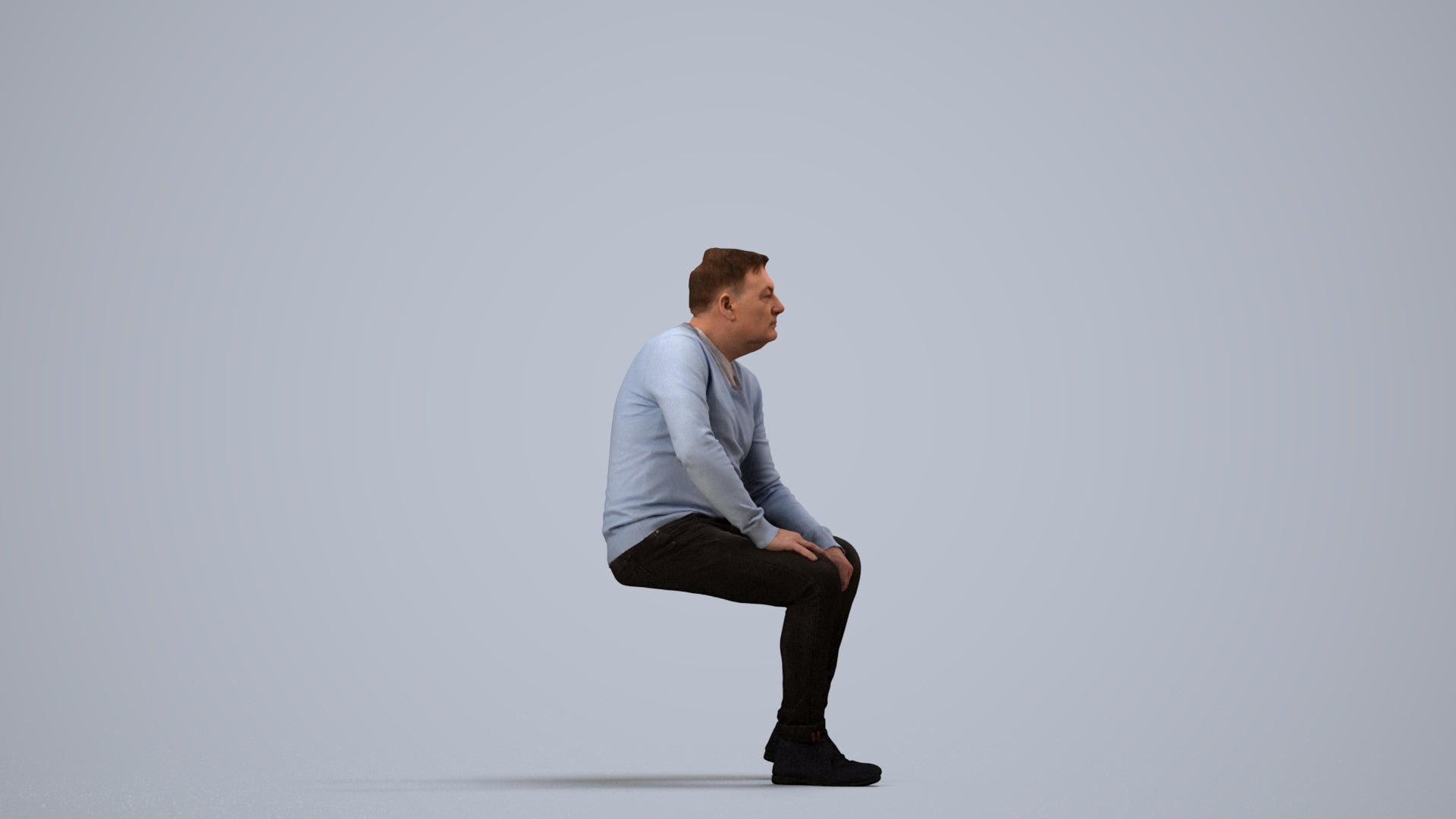 realistic 3D man casual sitting, scanned archviz people for Blender and 3ds Max, side view render