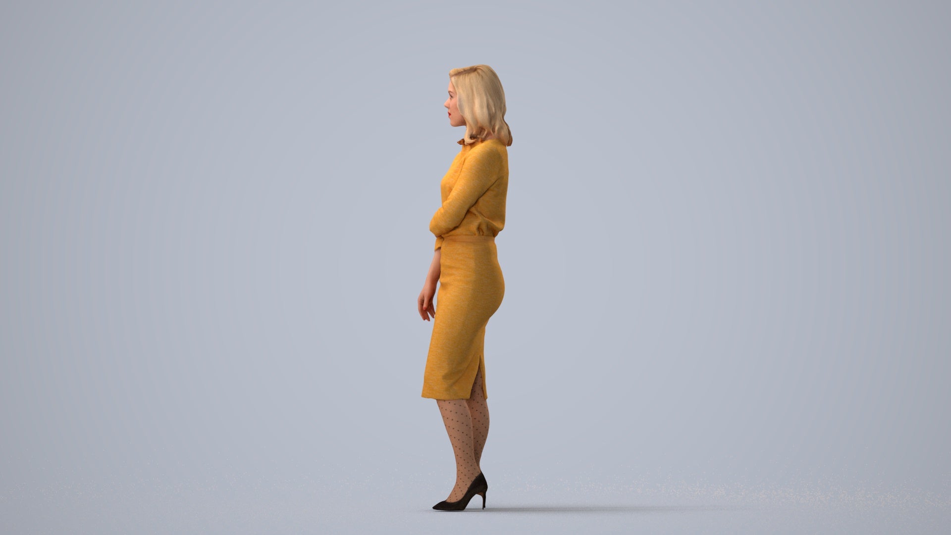 realistic 3D human woman business standing, archviz people FBX OBJ for Blender, three-quarter view render