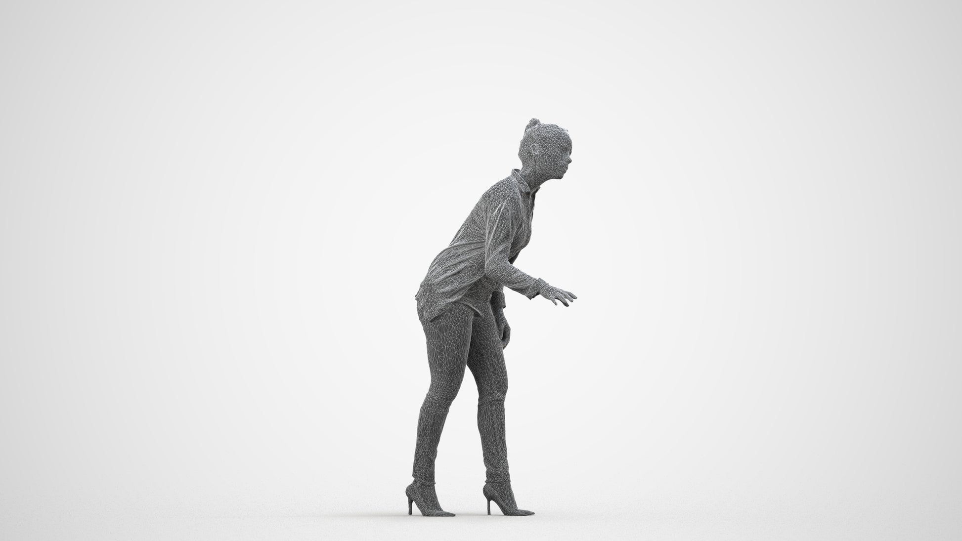 3D people model woman business standing, scanned human for 3ds Max rendering, wireframe side view