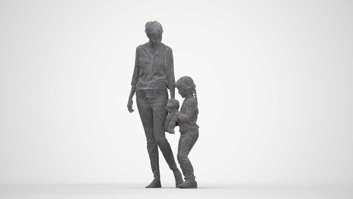 photogrammetry 3D girl casual kids, realistic human model archviz FBX, wireframe back view