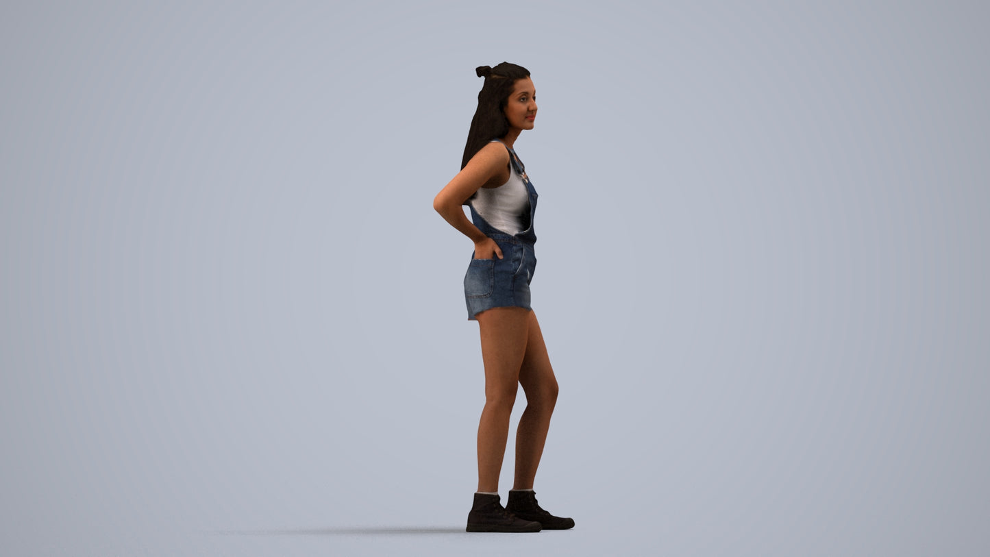 3D human model woman casual standing, photogrammetry scanned person for archviz, side view render