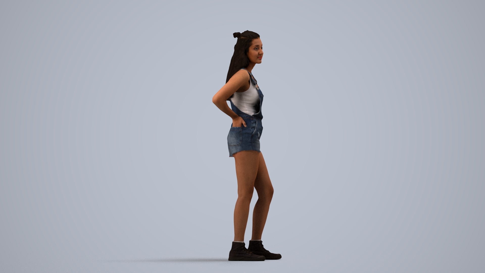 3D human model woman casual standing, photogrammetry scanned person for archviz, side view render