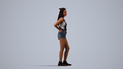 3D human model woman casual standing, photogrammetry scanned person for archviz, side view render
