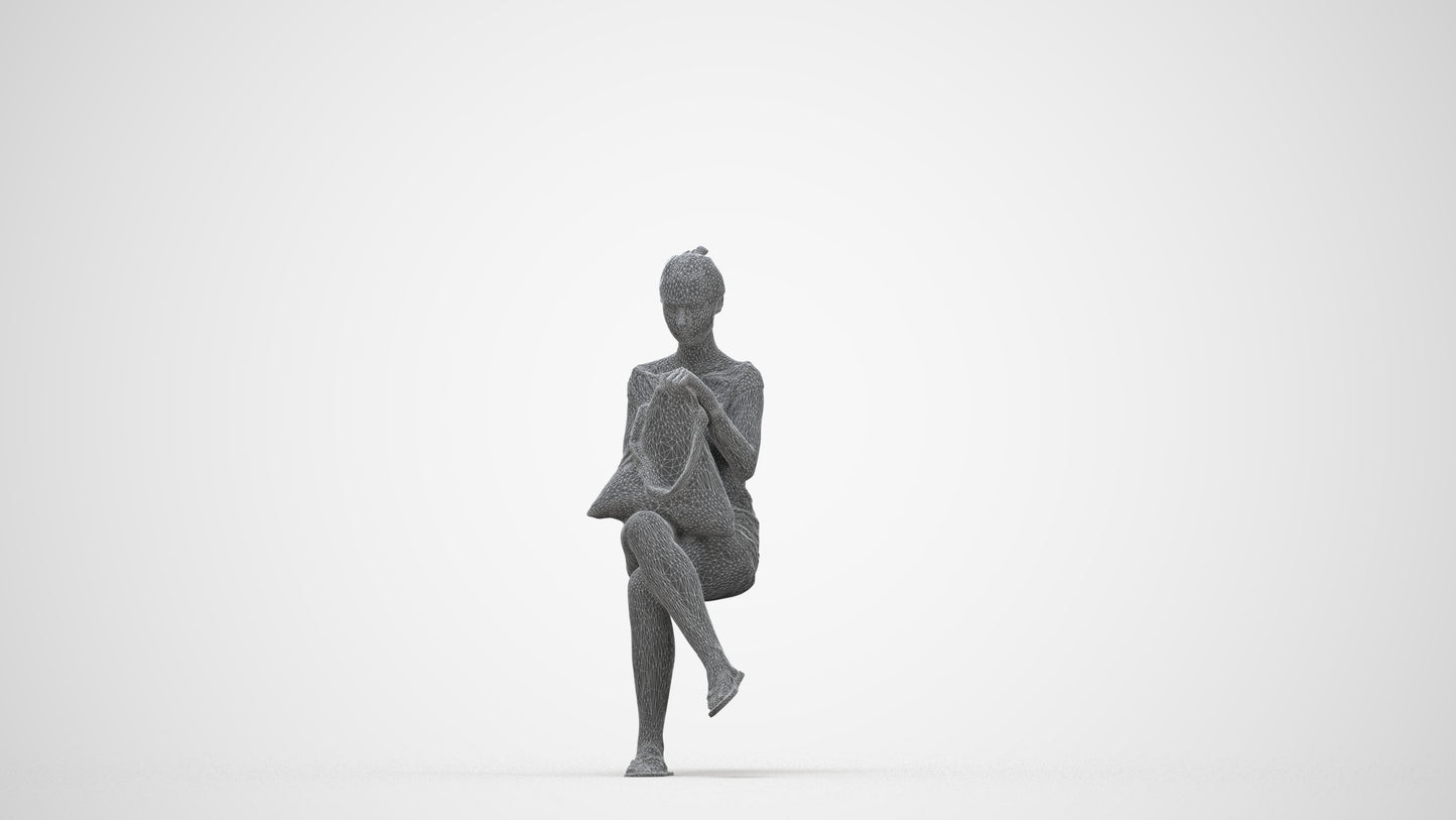 3D human model girl casual sitting, photogrammetry scanned person for archviz, wireframe back view