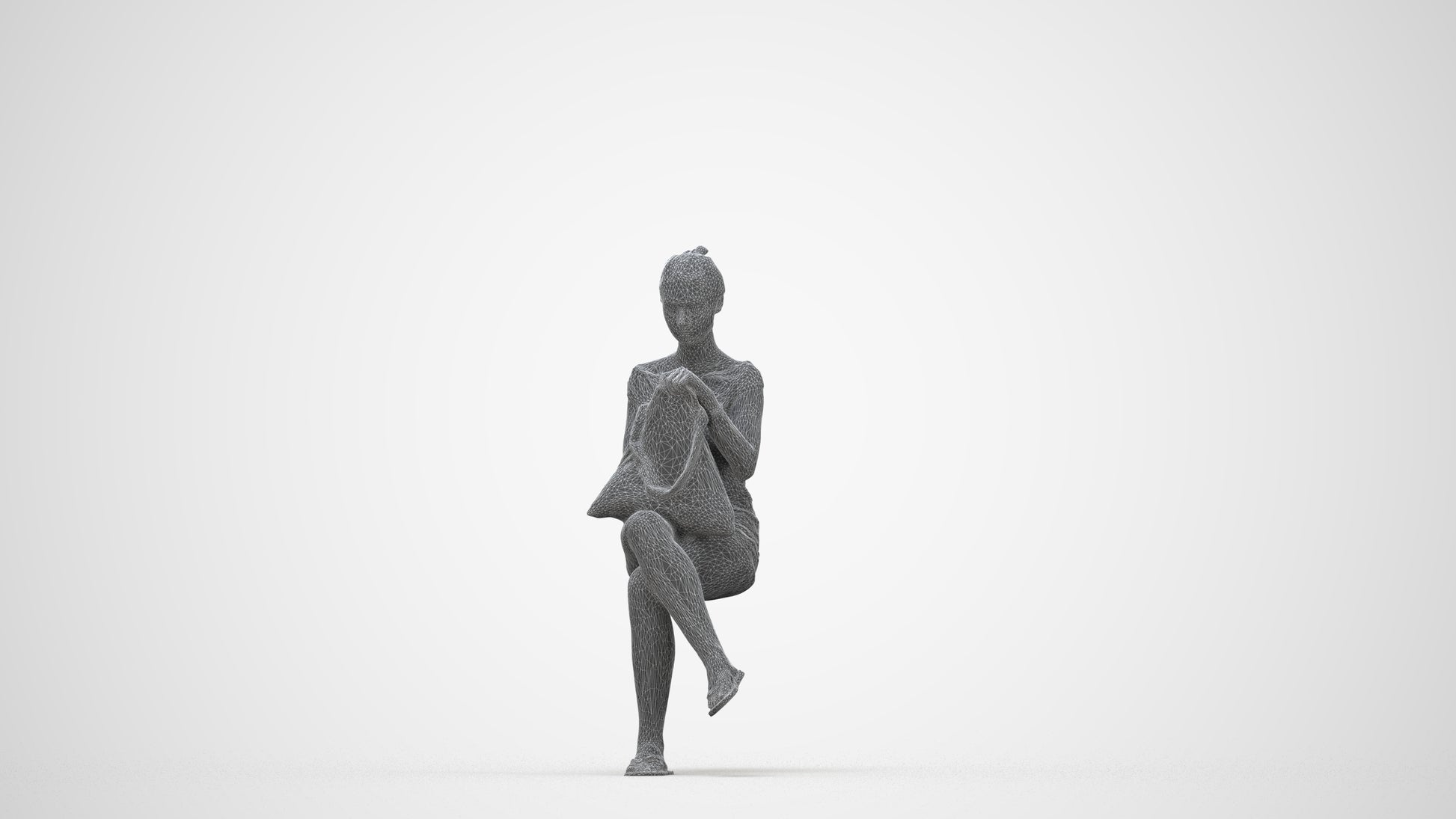 3D human model girl casual sitting, photogrammetry scanned person for archviz, wireframe back view