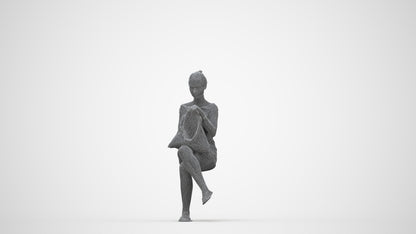 3D human model girl casual sitting, photogrammetry scanned person for archviz, wireframe back view