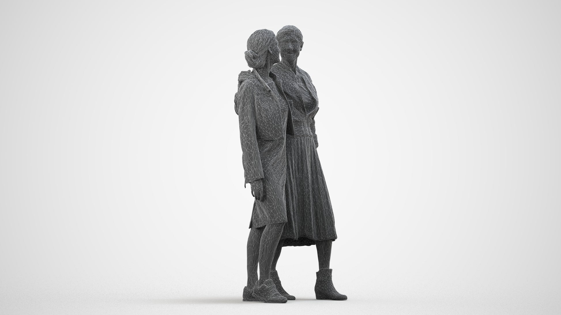 3D human model senior woman casual kids, photogrammetry scanned person for archviz, wireframe side view