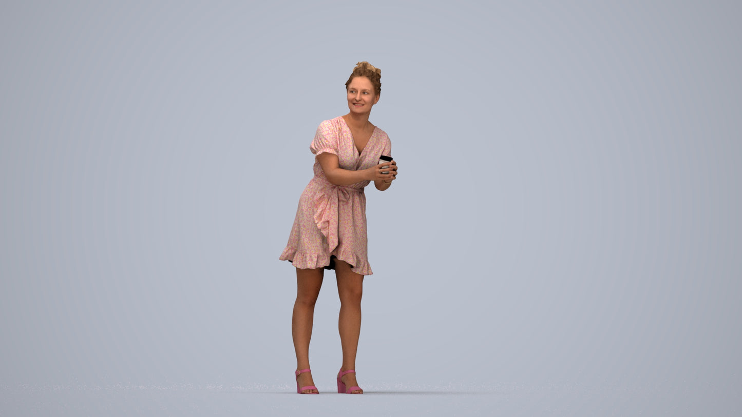 3D human model woman casual standing, photogrammetry scanned person for archviz, top-down view render