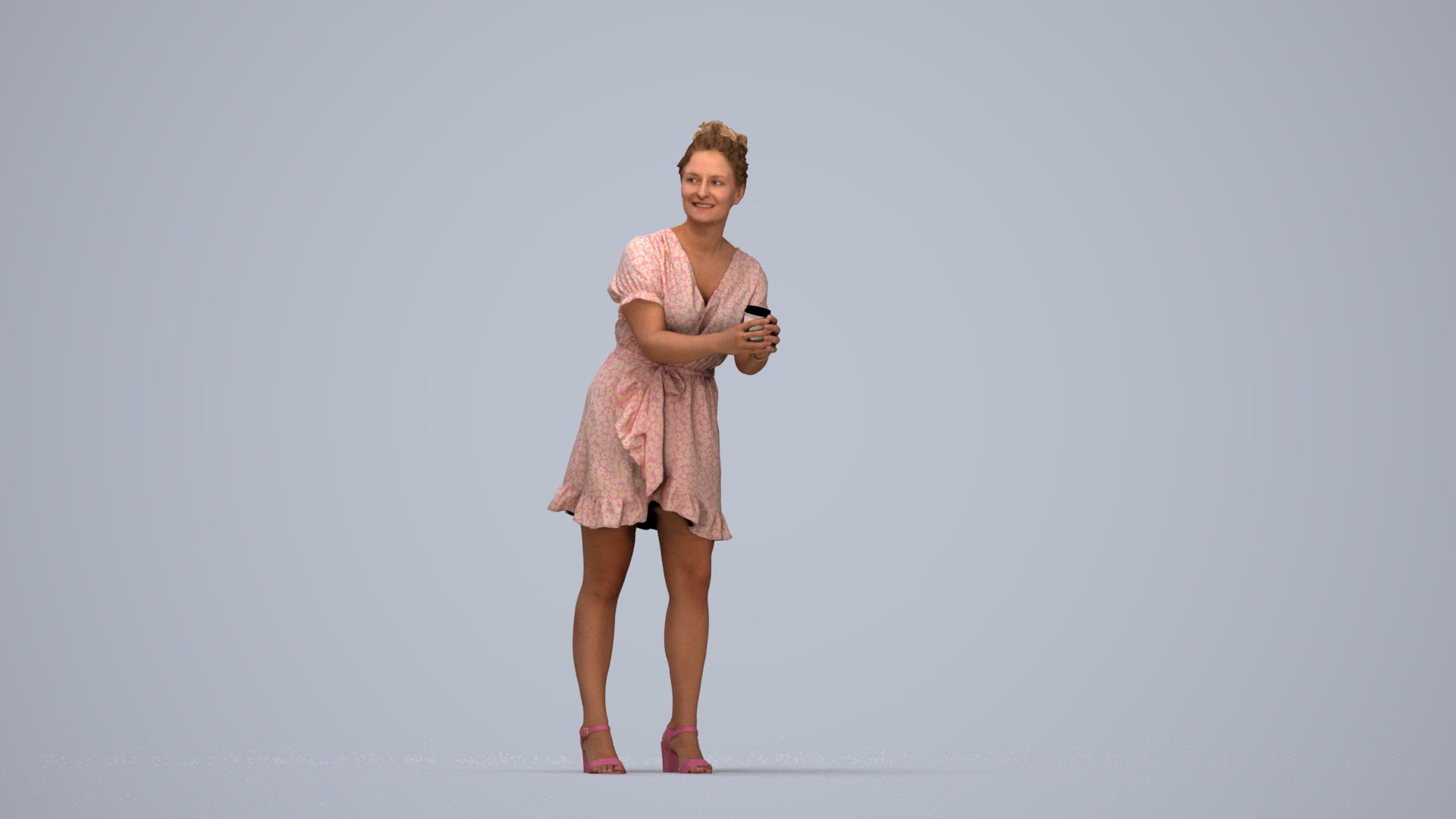 3D human model woman casual standing, photogrammetry scanned person for archviz, top-down view render