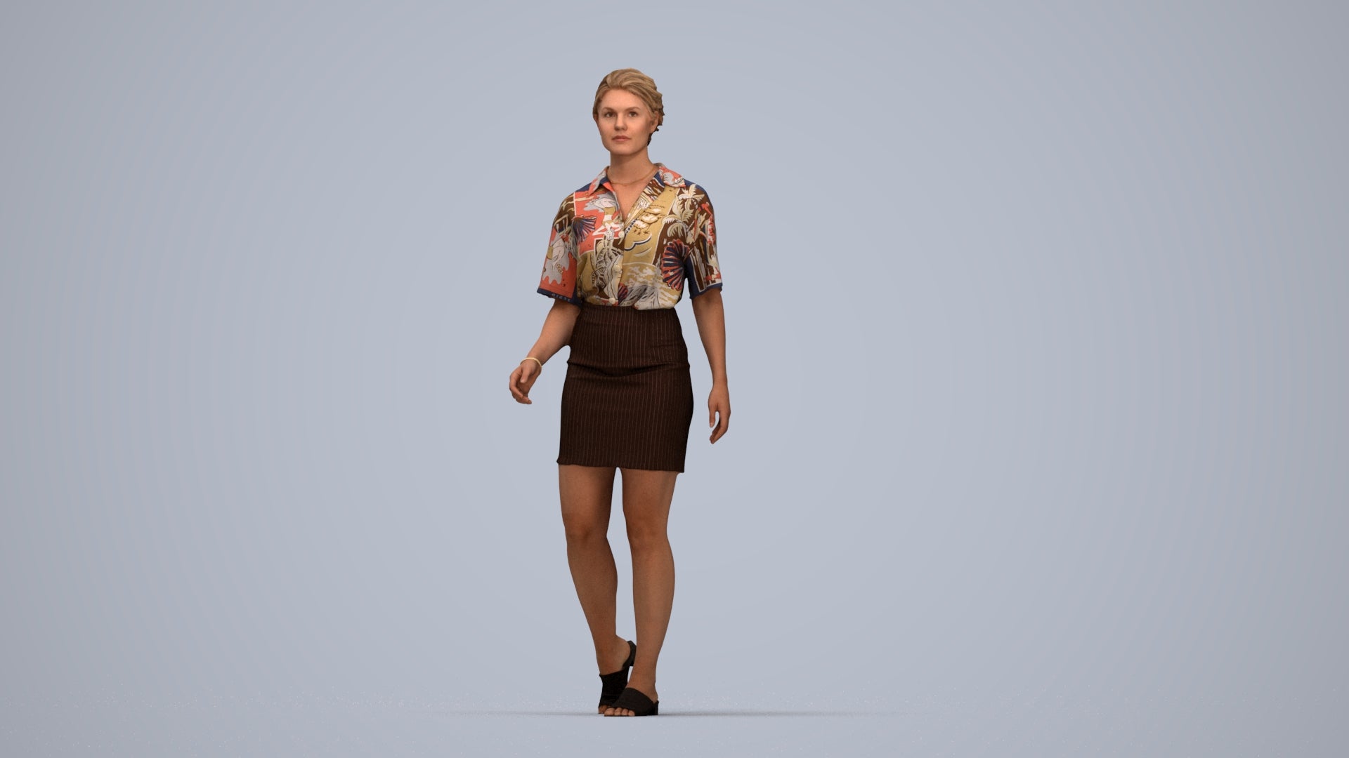 photogrammetry 3D woman casual walking, realistic human model archviz FBX, top-down view render