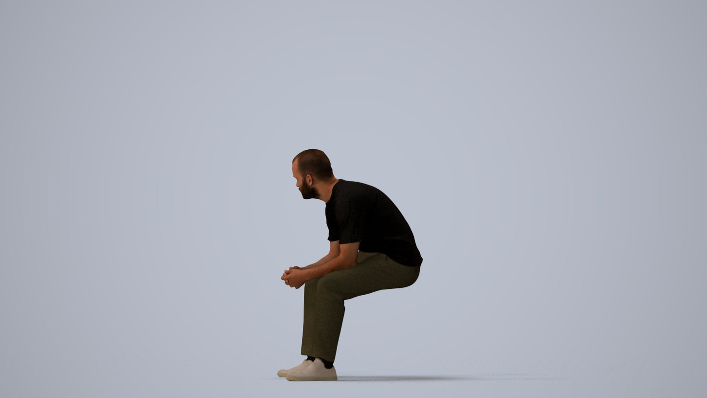3D people model man casual sitting, scanned human for 3ds Max rendering, three-quarter view render