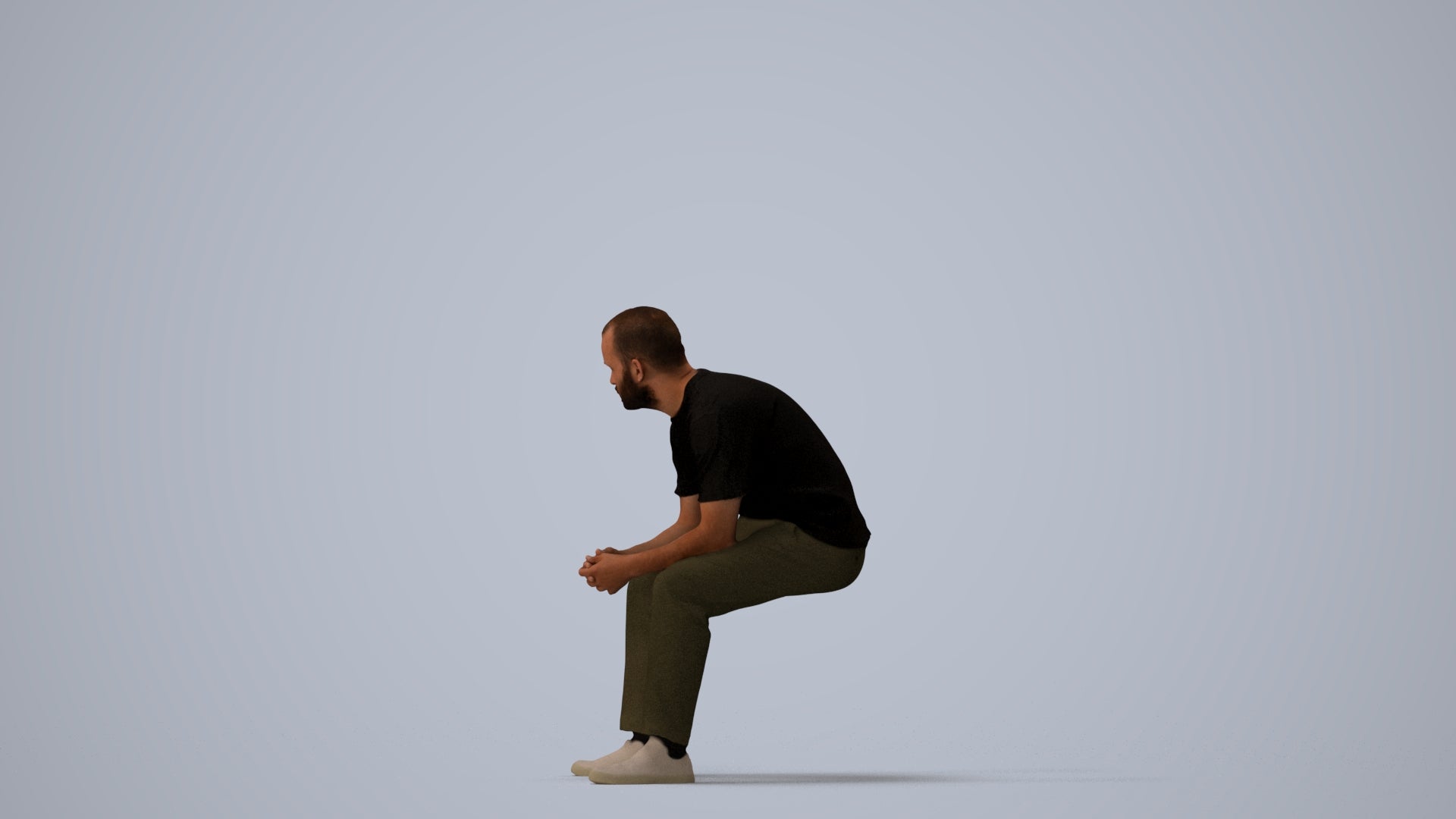 3D people model man casual sitting, scanned human for 3ds Max rendering, three-quarter view render