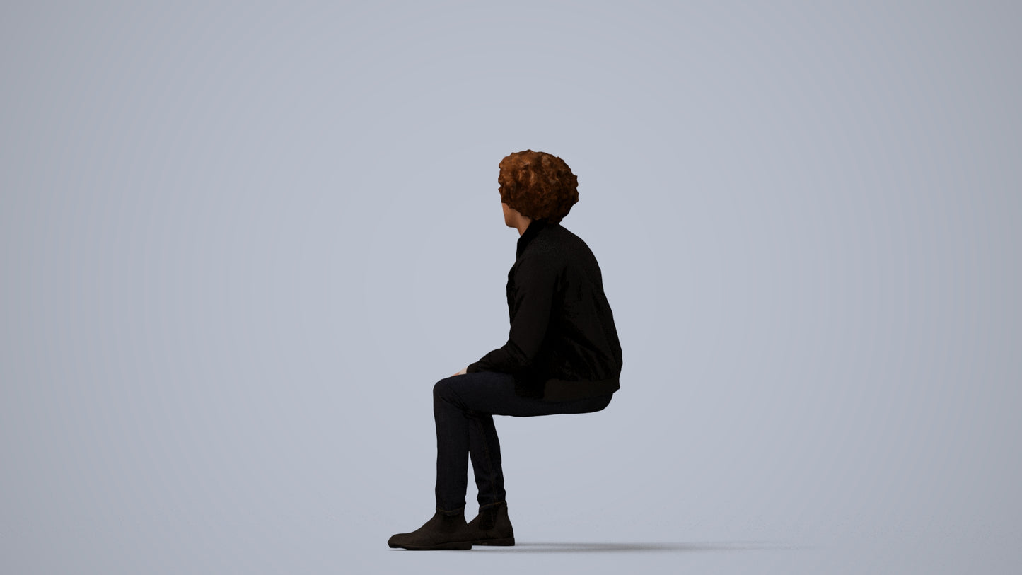 scanned 3D man casual sitting, photogrammetry people for Enscape and V-Ray, three-quarter view render