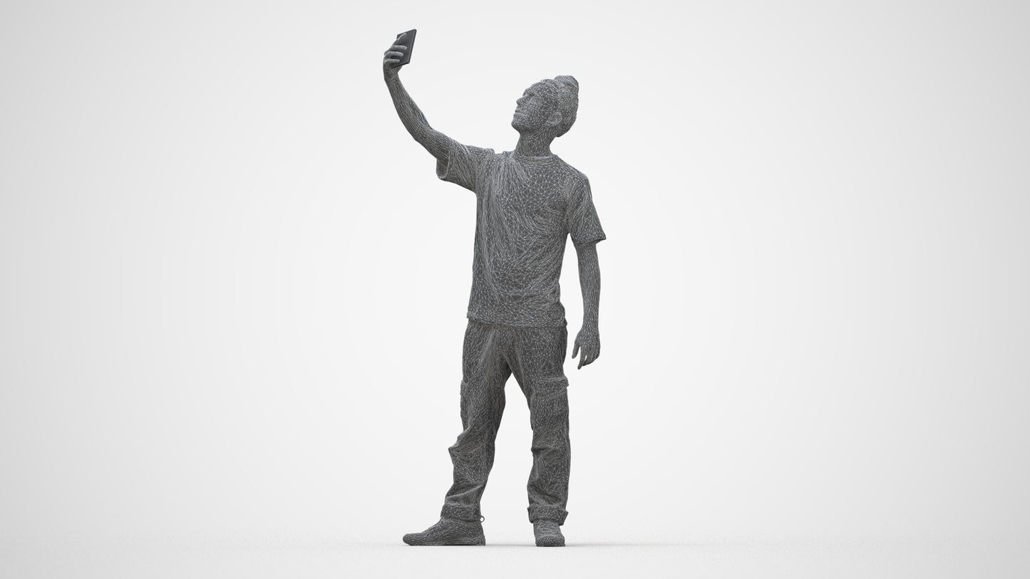 3D human model man casual standing, photogrammetry scanned person for archviz, wireframe back view