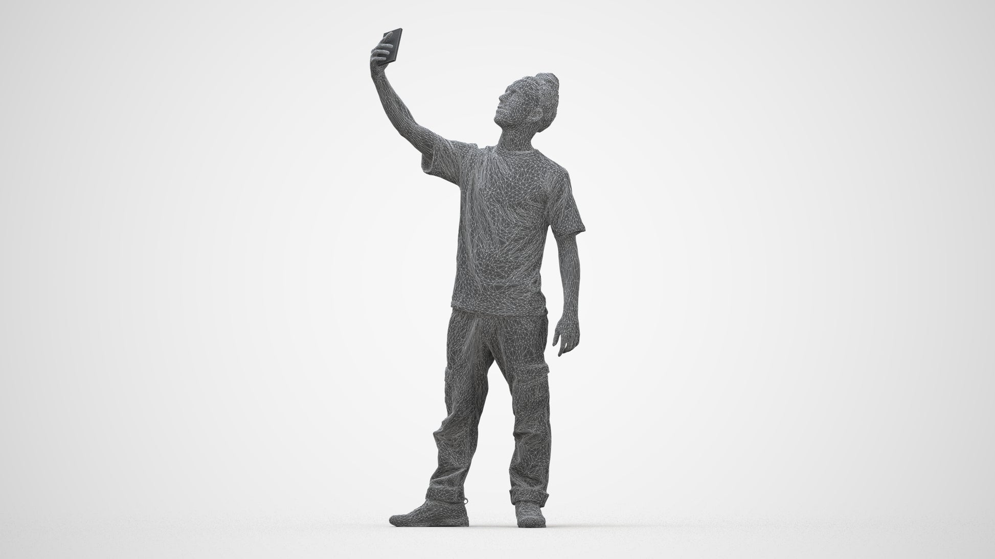 3D human model man casual standing, photogrammetry scanned person for archviz, wireframe back view