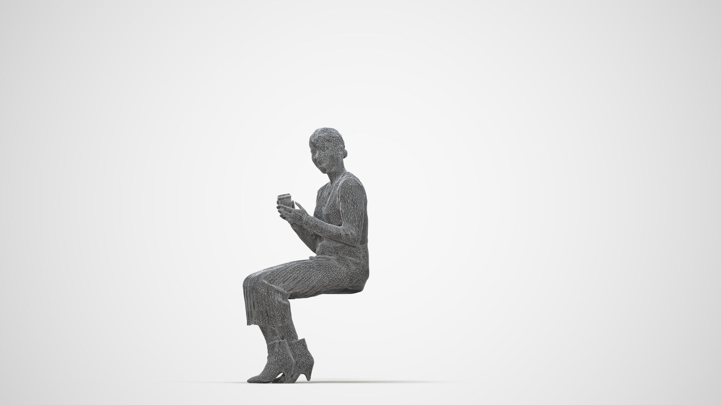 3D scanned woman sitting casual, photorealistic archviz people for Enscape and SketchUp, wireframe back view