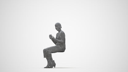 3D scanned woman sitting casual, photorealistic archviz people for Enscape and SketchUp, wireframe back view