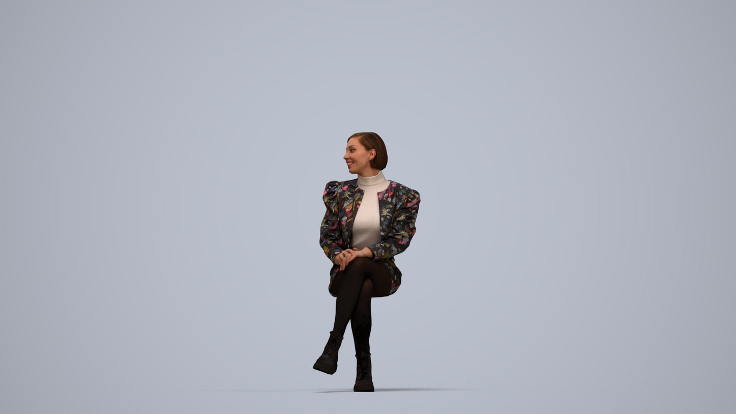3D people model woman casual sitting, scanned human for 3ds Max rendering, top-down view render