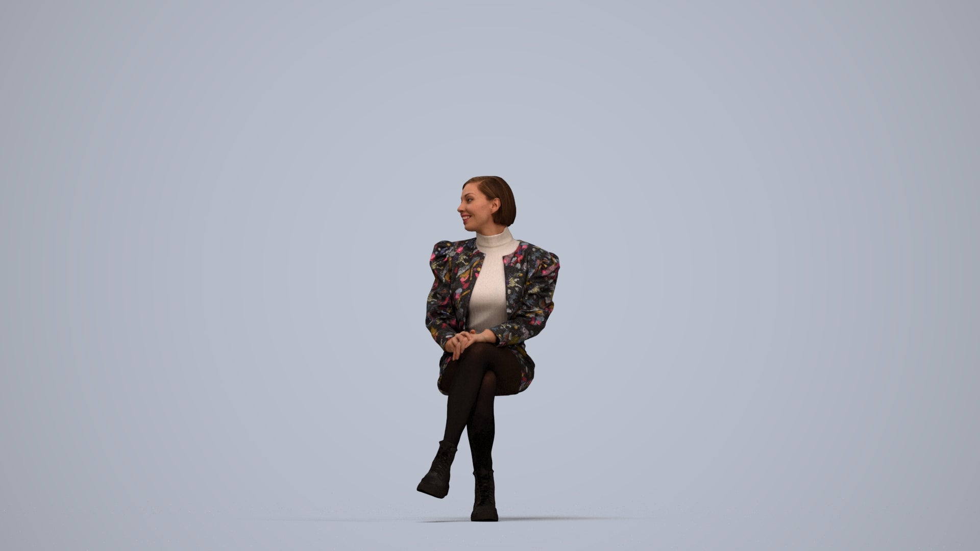 3D people model woman casual sitting, scanned human for 3ds Max rendering, top-down view render