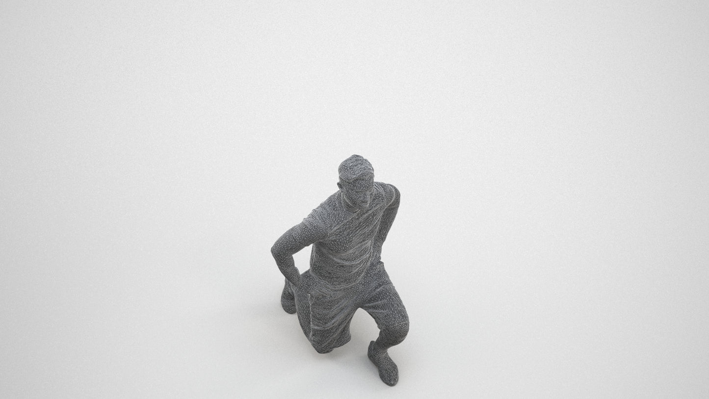 3D human model man sport, photogrammetry scanned person for archviz, wireframe three-quarter view