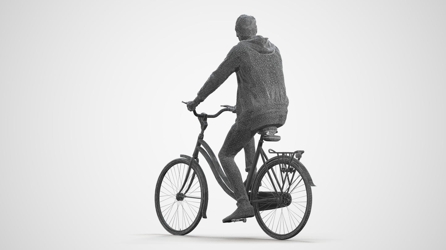 photogrammetry 3D man casual cycling, realistic human model archviz FBX, wireframe front view