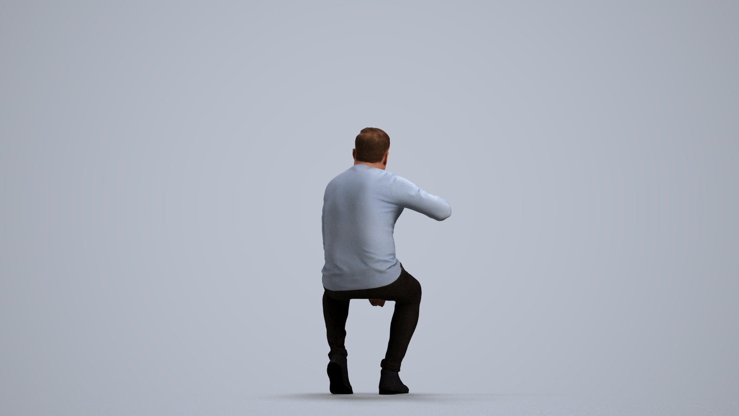 realistic 3D human man casual sitting, archviz people FBX OBJ for Blender, front view render