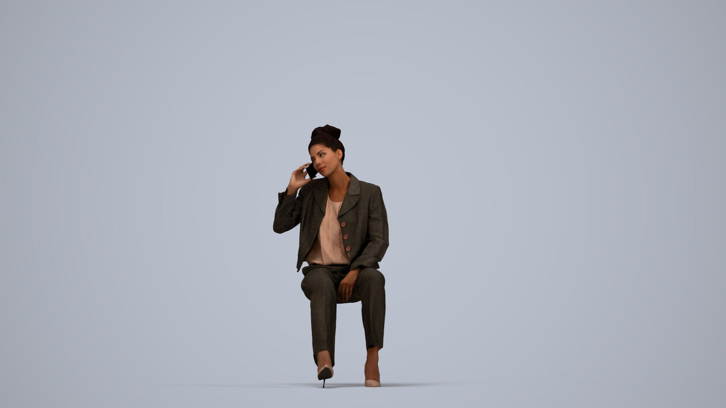 3D human model woman business sitting, photogrammetry scanned person for archviz, top-down view render