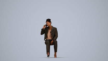 3D human model woman business sitting, photogrammetry scanned person for archviz, top-down view render