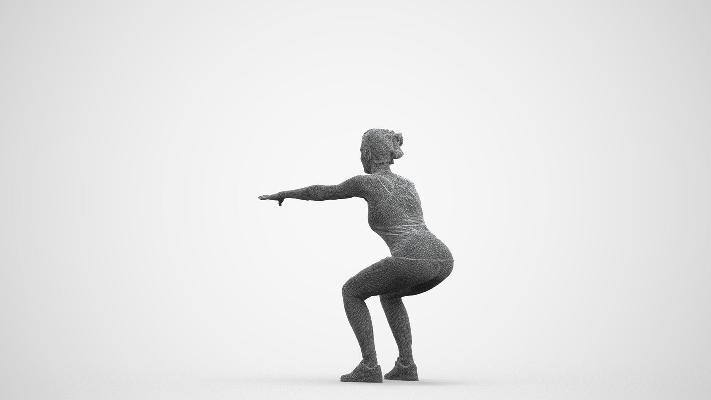 3D human model woman sport, photogrammetry scanned person for archviz, wireframe front view