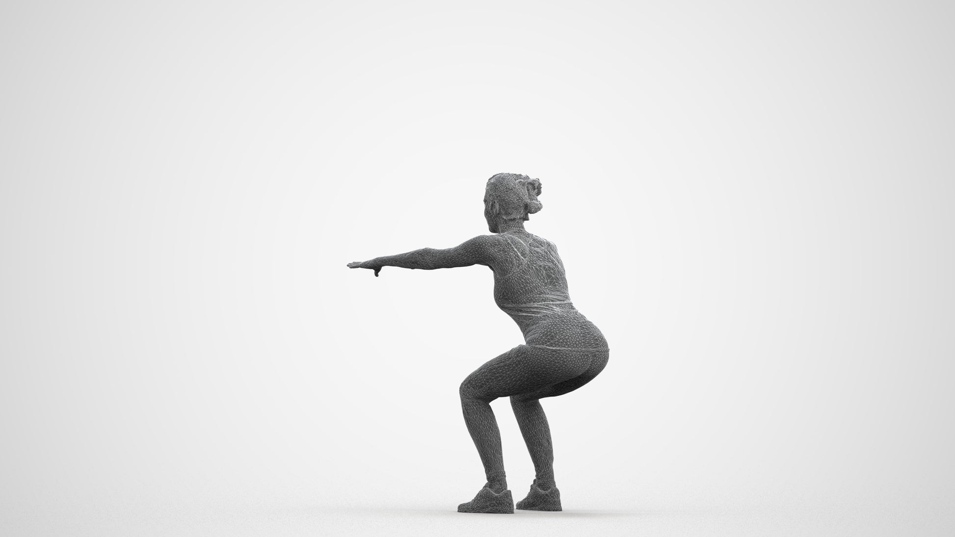 3D human model woman sport, photogrammetry scanned person for archviz, wireframe front view