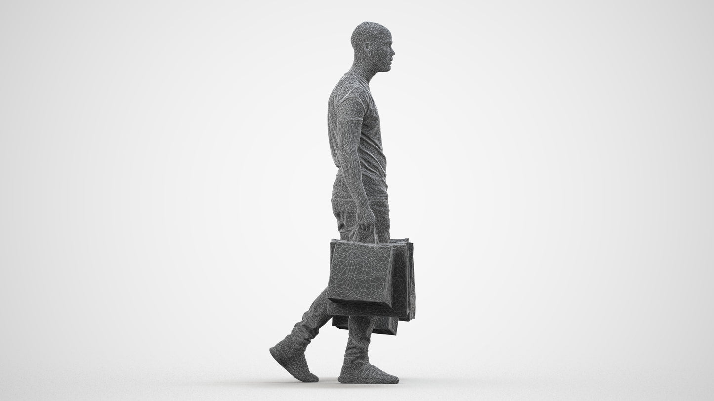 photogrammetry 3D man casual shopping, realistic human model archviz FBX, wireframe side view
