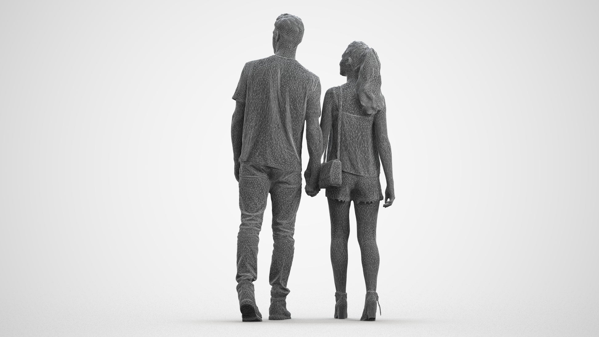 realistic 3D woman casual couple, scanned archviz people for Blender and 3ds Max, wireframe front view
