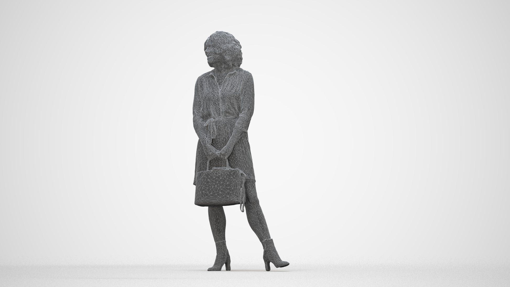 realistic 3D woman casual standing, scanned archviz people for Blender and 3ds Max, wireframe back view
