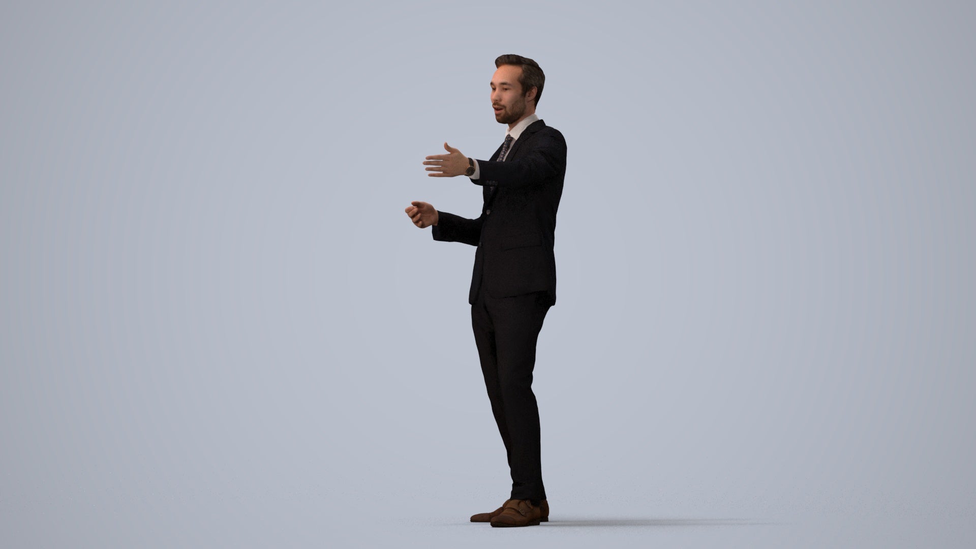 realistic 3D human man business shopping, archviz people FBX OBJ for Blender, three-quarter view render