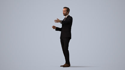realistic 3D human man business shopping, archviz people FBX OBJ for Blender, three-quarter view render