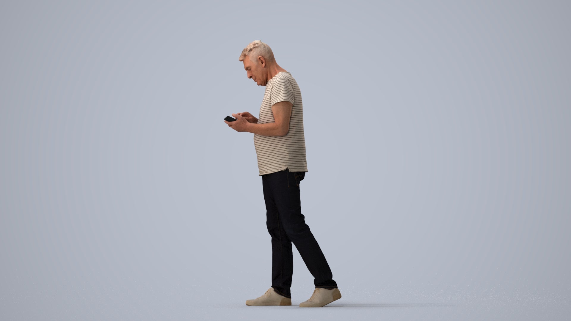 photogrammetry 3D senior man casual walking, realistic human model archviz FBX, three-quarter view render