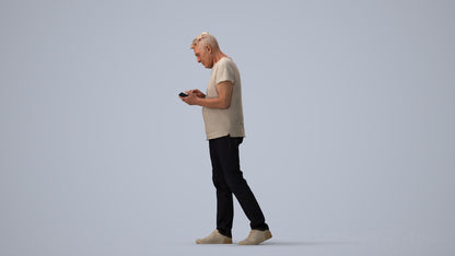 photogrammetry 3D senior man casual walking, realistic human model archviz FBX, three-quarter view render