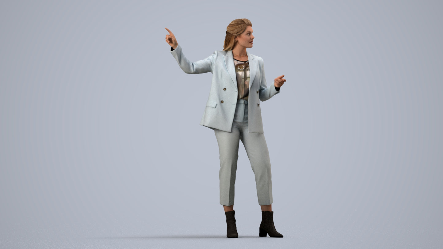 3D human model woman business, photogrammetry scanned person for archviz, side view render