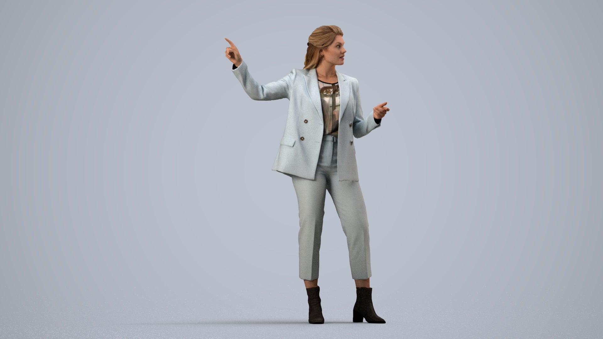 3D human model woman business, photogrammetry scanned person for archviz, side view render