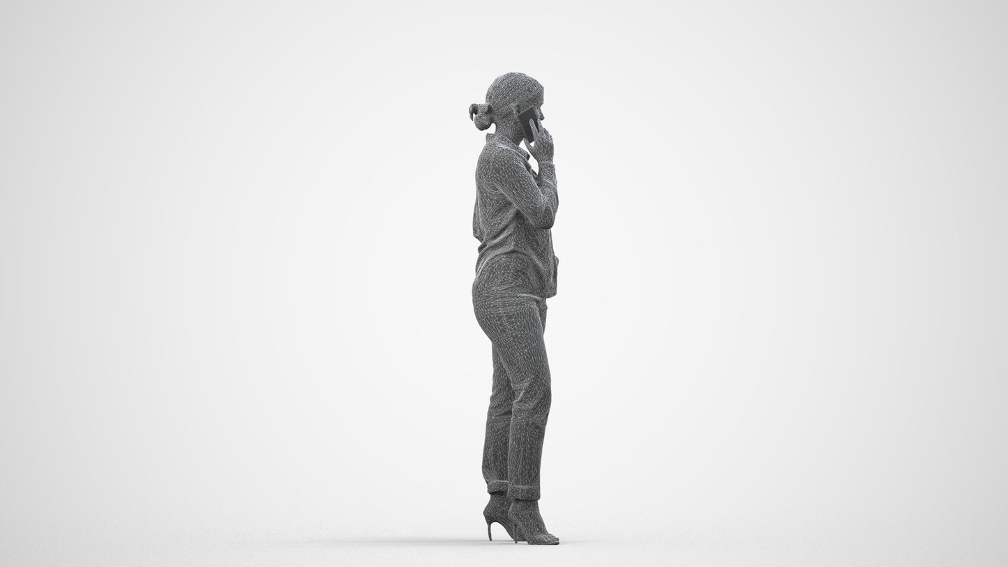 3D scanned woman standing casual, photorealistic archviz people for Enscape and SketchUp, wireframe side view
