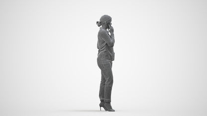 3D scanned woman standing casual, photorealistic archviz people for Enscape and SketchUp, wireframe side view
