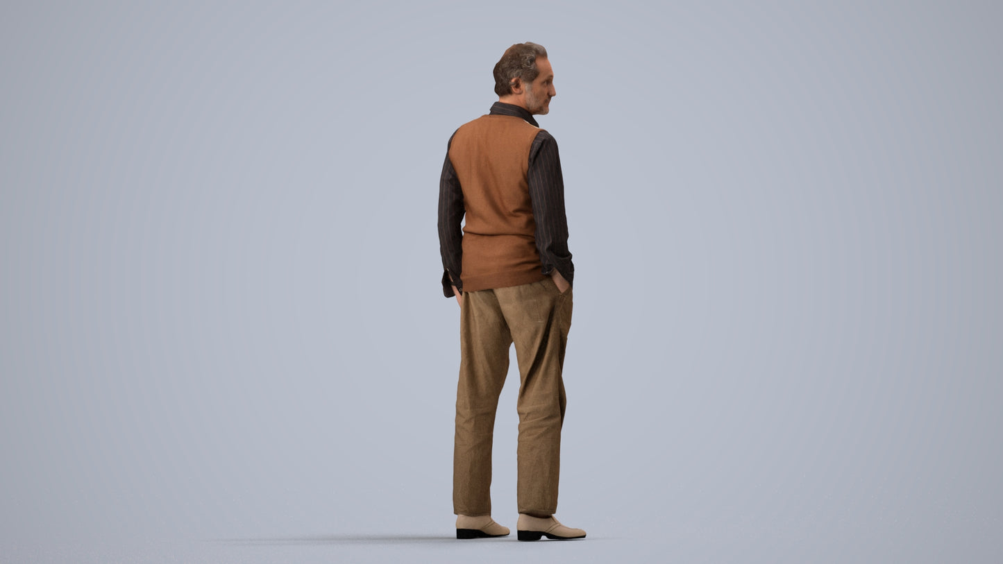 realistic 3D human man business standing, archviz people FBX OBJ for Blender, side view render
