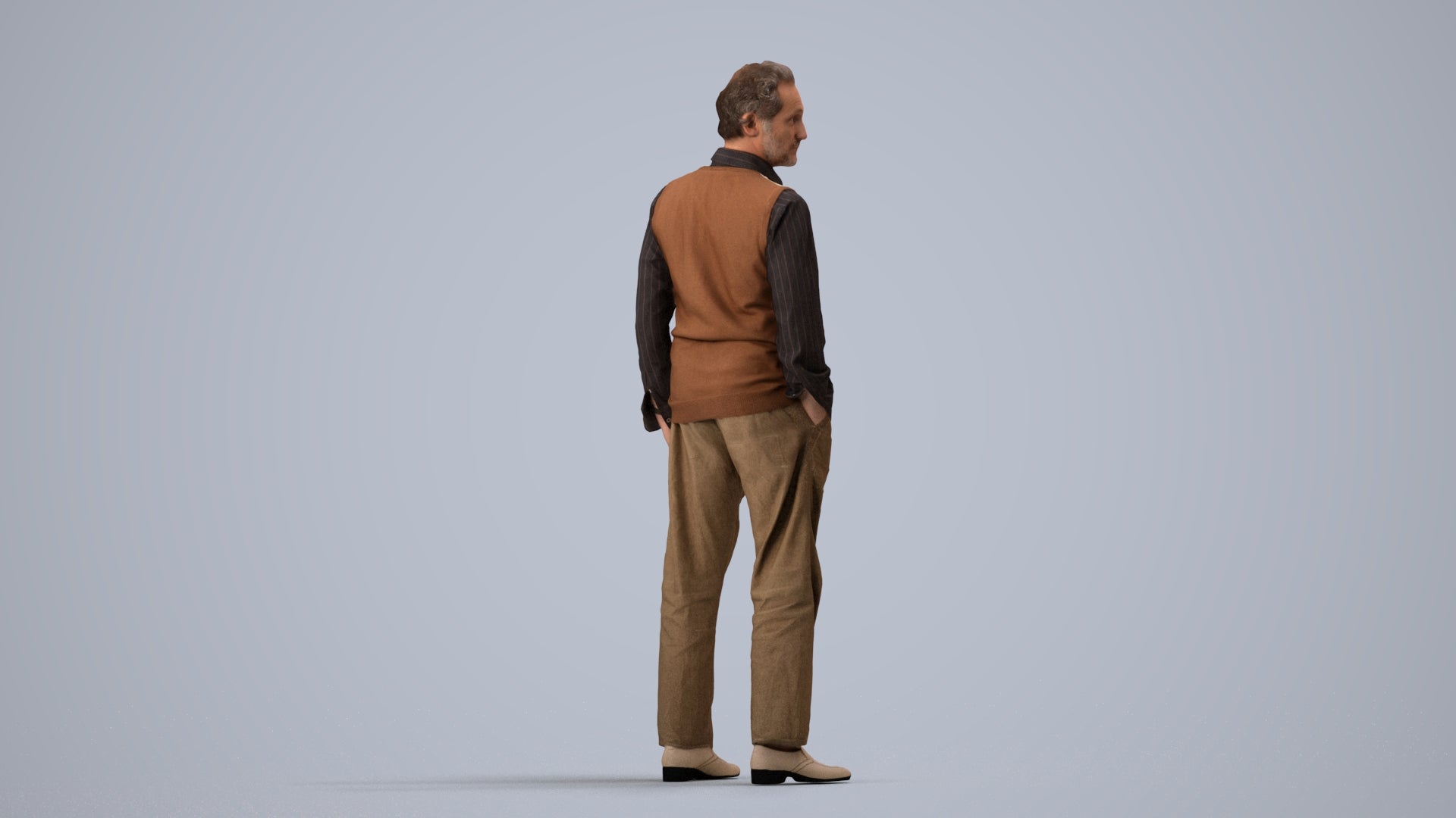 realistic 3D human man business standing, archviz people FBX OBJ for Blender, side view render
