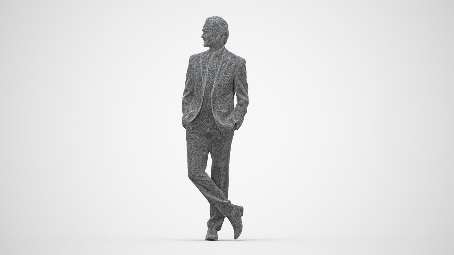 3D human model man business standing, photogrammetry scanned person for archviz, wireframe back view