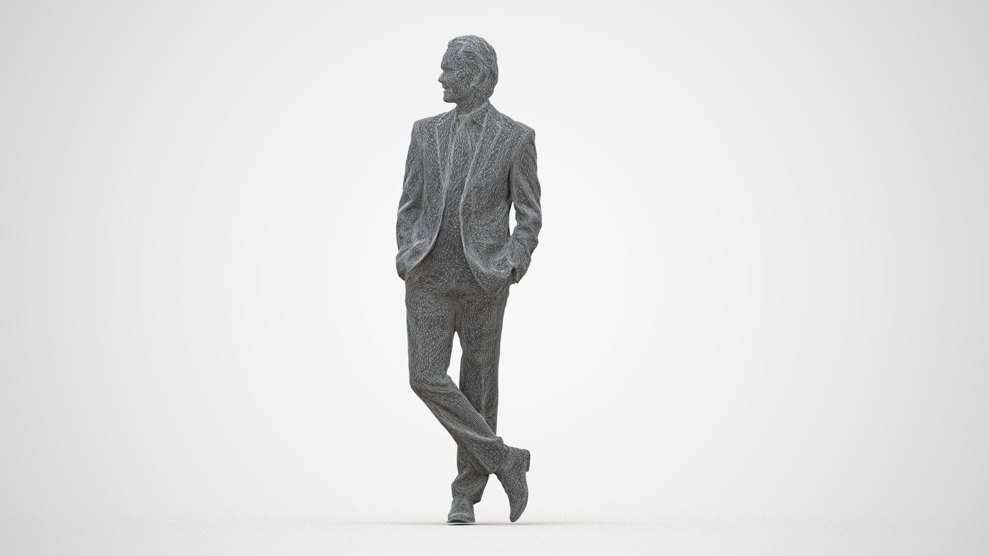 3D human model man business standing, photogrammetry scanned person for archviz, wireframe back view